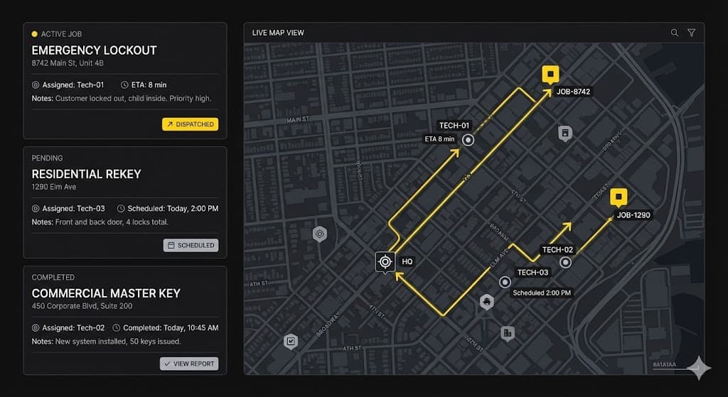 Locksmith dispatch software map interface dealing with emergency lockout routing