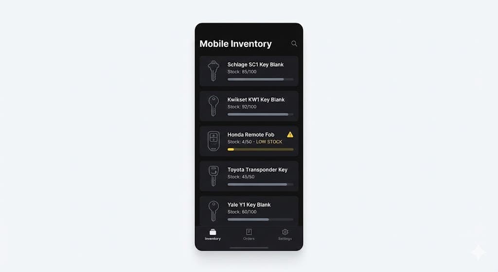 Mobile inventory screen tracking key blanks