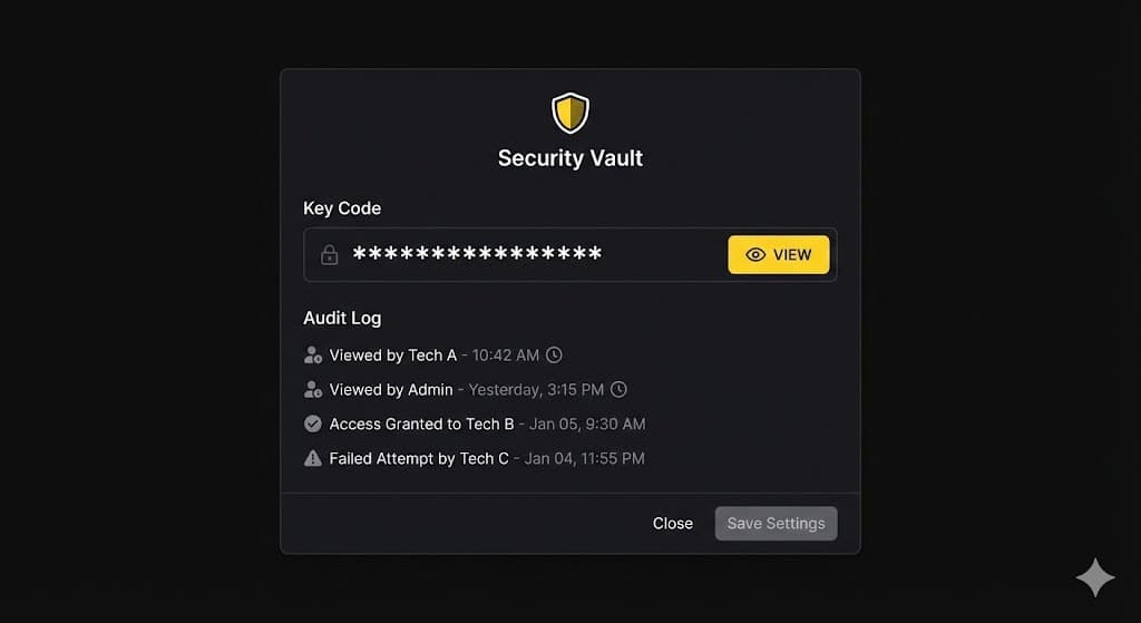 Secure key code vault UI showing encryption and access logs