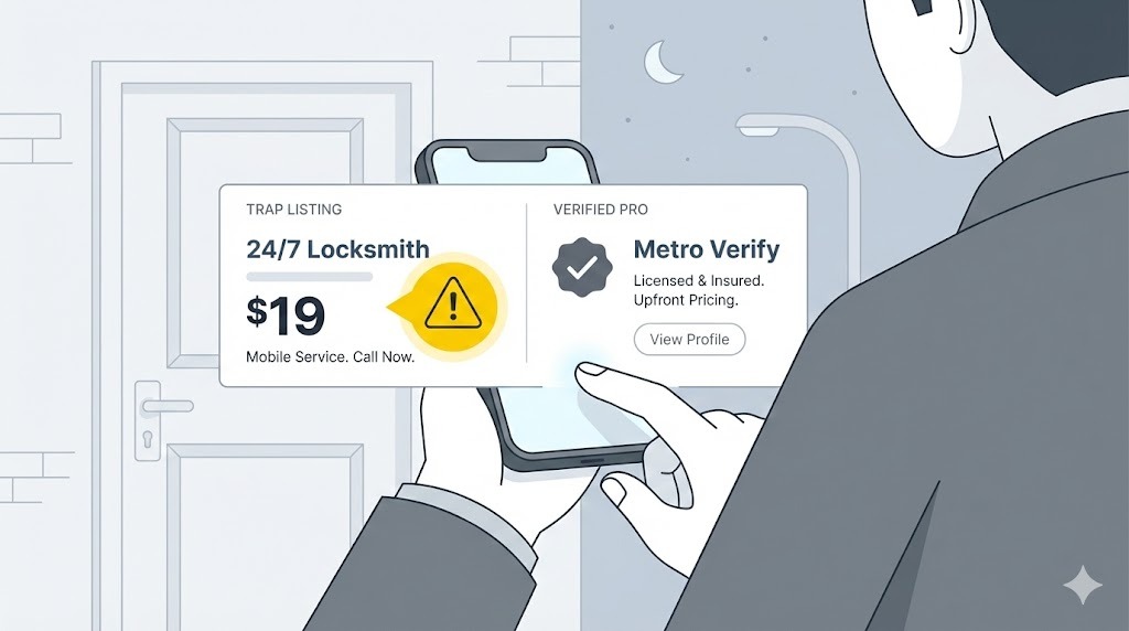 Comparison of a fake locksmith listing with a red flag warning versus a verified professional listing on a smartphone screen.