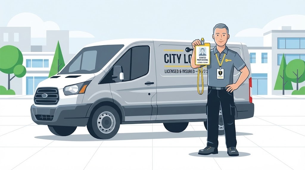 Illustration of a verified locksmith professional with ID badge and branded service vehicle.